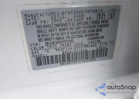 2015 Nissan Sentra Fe+ S/S/Sl/Sr/Sv из США, поврежденный, VIN 3N1AB7AP9FY237882